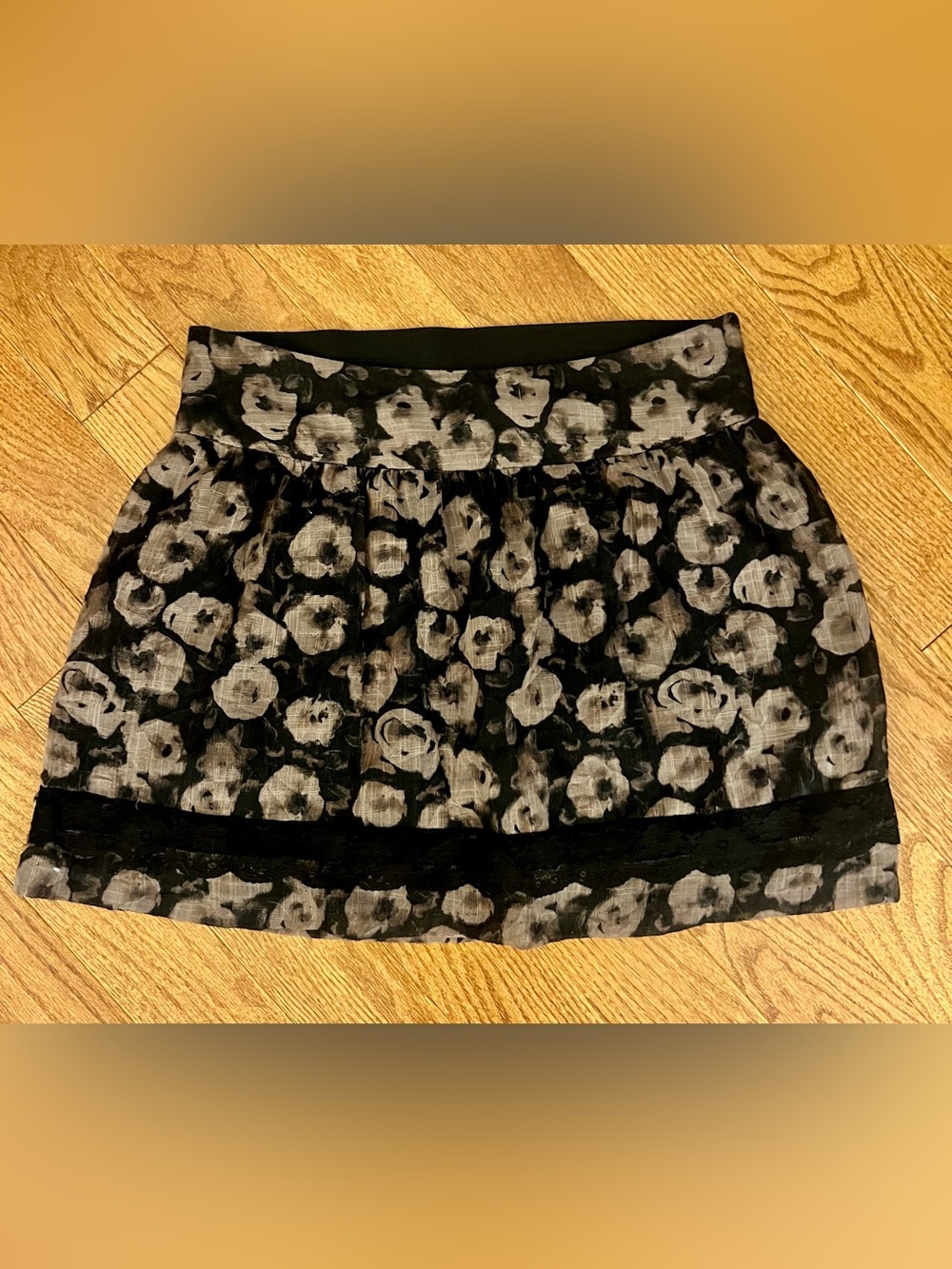 Stooshy Black and Taupe Floral Lace Trim Mini Skirt